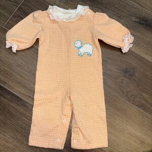 Vintage 70s Health-Tex Lamb Peach Romper Baby 9 Months USA
